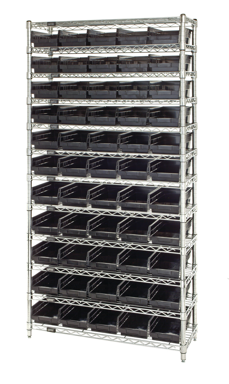 Quantum WR12-102BK, 12"W 36"D 74"H Bin Wire Shelving System, Black Bins, Chrome Plated Finish