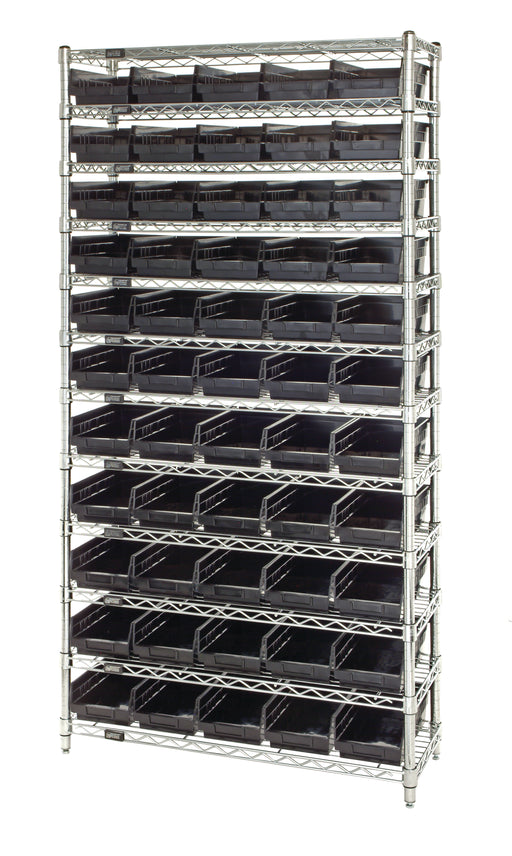 Quantum WR12-102BK, 12"W 36"D 74"H Bin Wire Shelving System, Black Bins, Chrome Plated Finish