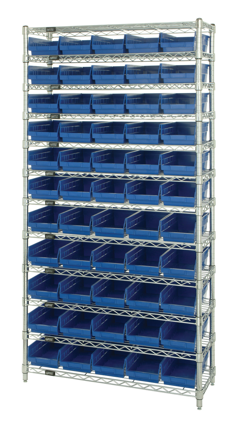 Quantum WR12-102BL, 12"W 36"D 74"H Bin Wire Shelving System, Blue Bins, Chrome Plated Finish