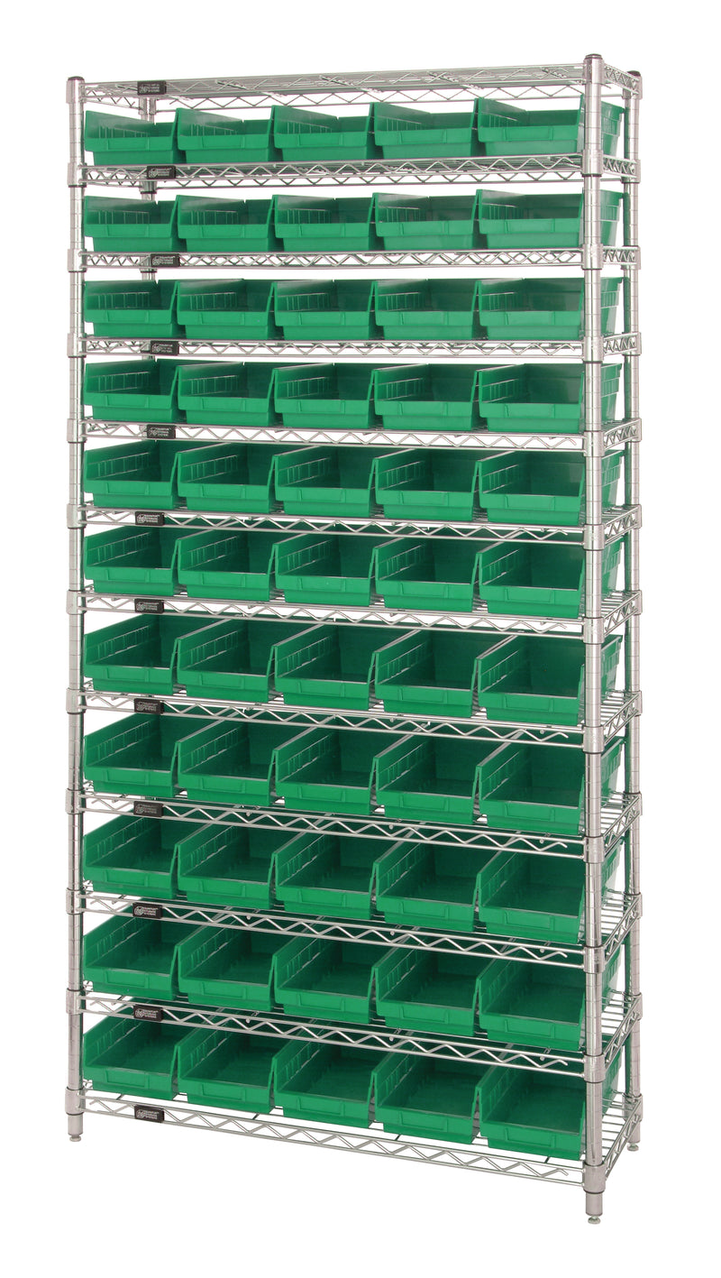 Quantum WR12-102GN, 12"W 36"D 74"H Bin Wire Shelving System, Green Bins, Chrome Plated Finish