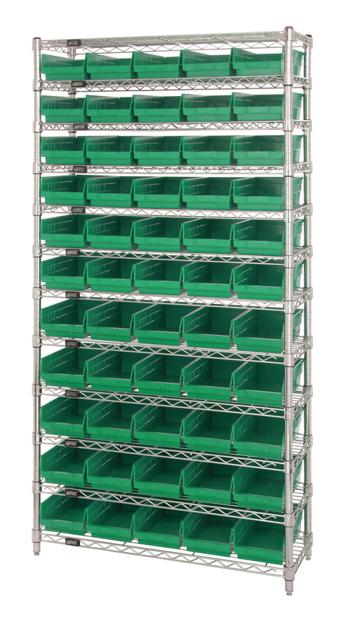 Quantum WR12-102GN, 12"W 36"D 74"H Bin Wire Shelving System, Green Bins, Chrome Plated Finish