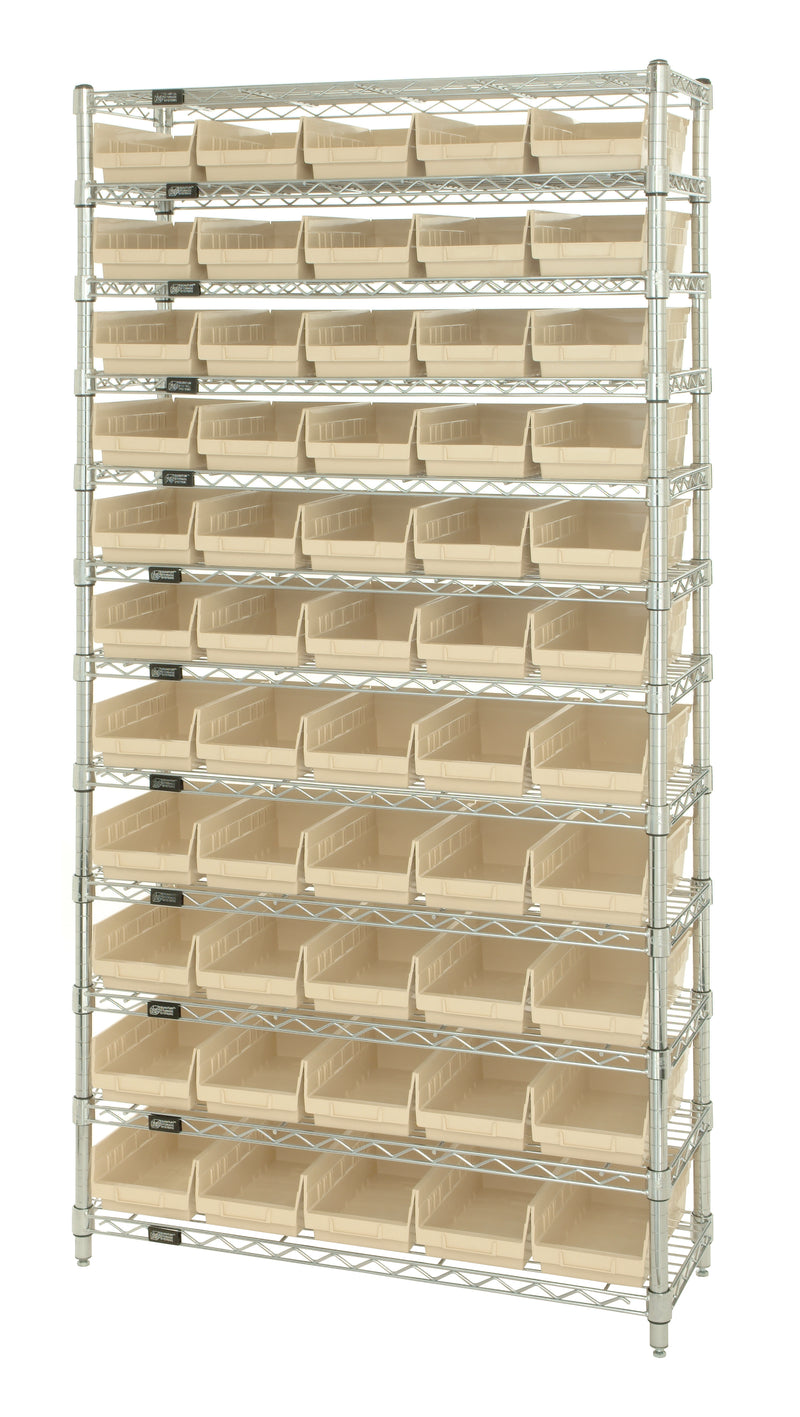 Quantum WR12-102IV, 12"W 36"D 74"H Bin Wire Shelving System, Ivory Bins, Chrome Plated Finish