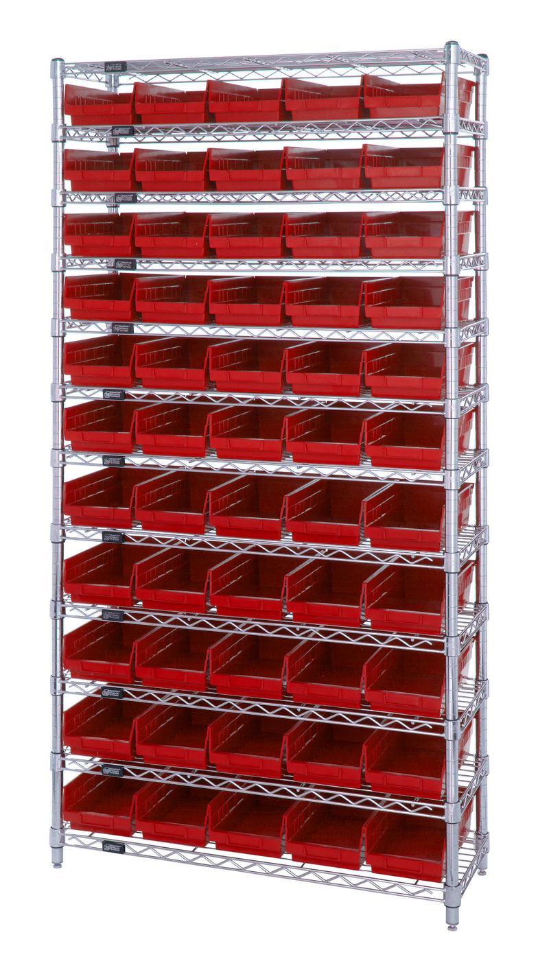 Quantum WR12-102RD, 12"W 36"D 74"H Bin Wire Shelving System, Red Bins, Chrome Plated Finish