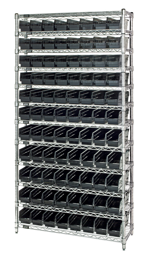 Quantum WR12-103BK, 18"W 36"D 74"H Bin Wire Shelving System, Black Bins, Chrome Plated Finish
