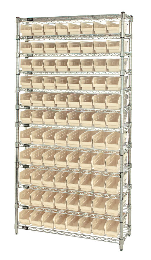 Quantum WR12-103IV, 18"W 36"D 74"H Bin Wire Shelving System, Ivory Bins, Chrome Plated Finish