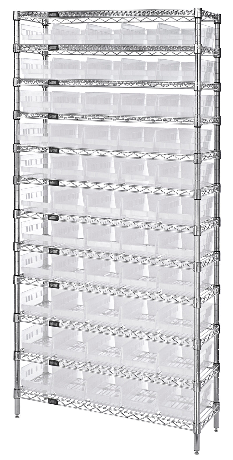Quantum WR12-104CL, 18"W 36"D 74"H Bin Wire Shelving System, Clear Bins, Chrome Plated Finish