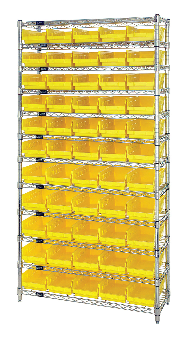 Quantum WR12-104YL, 18"W 36"D 74"H Bin Wire Shelving System, Yellow Bins, Chrome Plated Finish