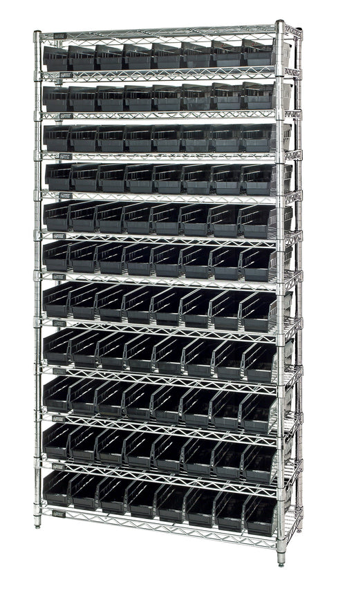 Quantum WR12-105CO, 24"W 36"D 74"H Bin Wire Shelving System, Chrome Bins, Chrome Plated Finish