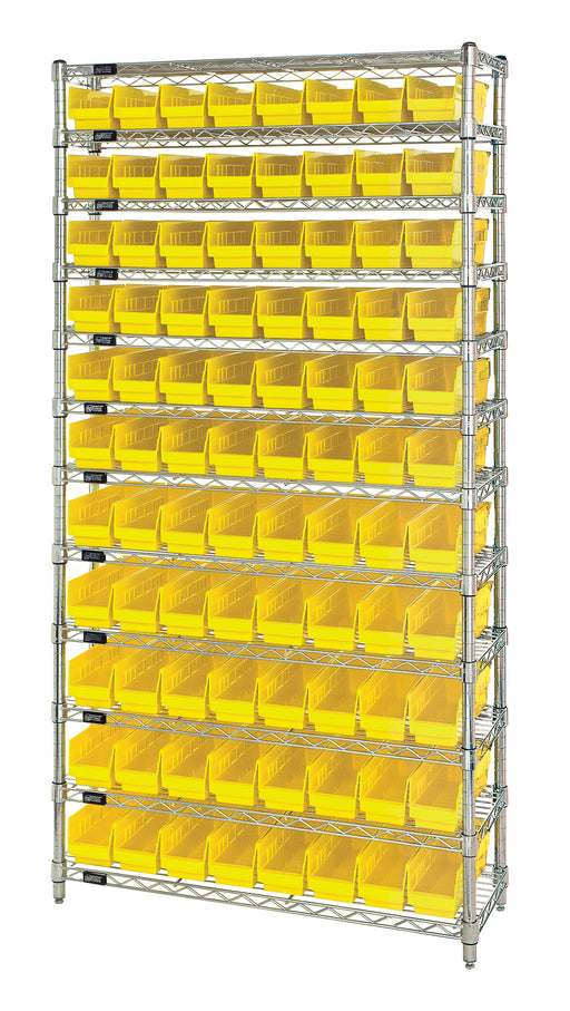 Quantum WR12-105YL, 24"W 36"D 74"H Bin Wire Shelving System, Yellow Bins, Chrome Plated Finish