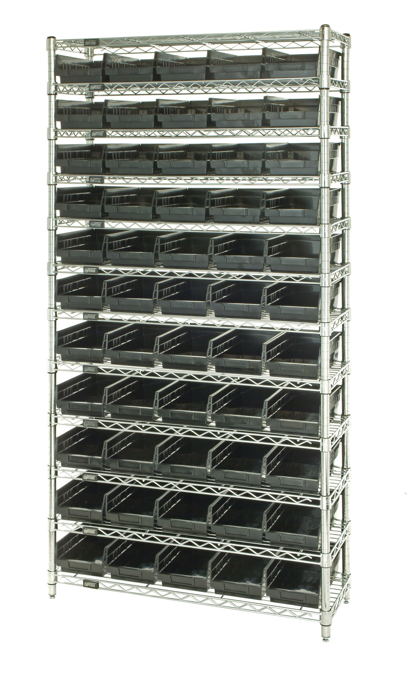 Quantum WR12-106BK, 24"W 36"D 74"H Bin Wire Shelving System, Black Bins, Chrome Plated Finish