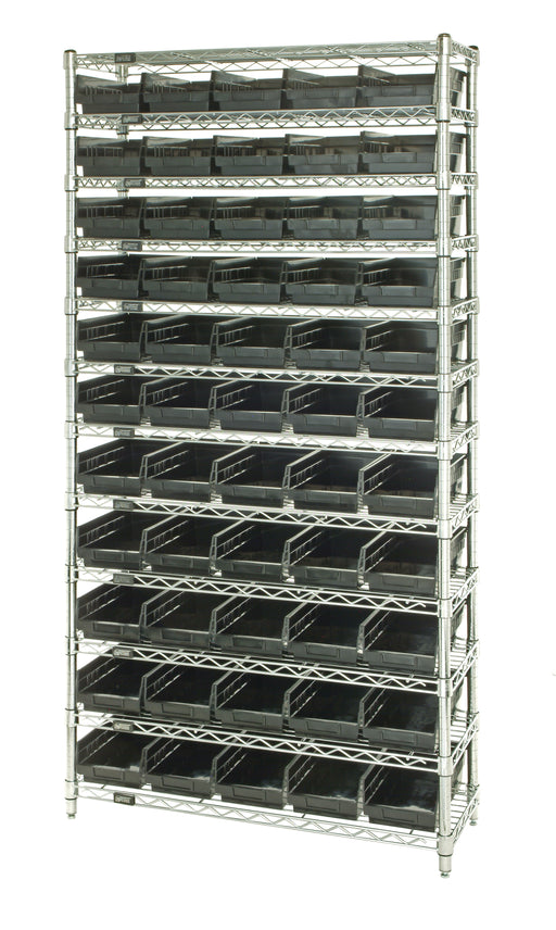 Quantum WR12-106BK, 24"W 36"D 74"H Bin Wire Shelving System, Black Bins, Chrome Plated Finish