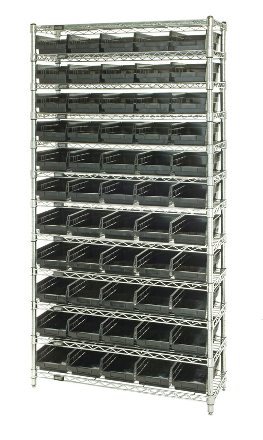 Quantum WR12-106CO, 24"W 36"D 74"H Bin Wire Shelving System, Chrome Bins, Chrome Plated Finish