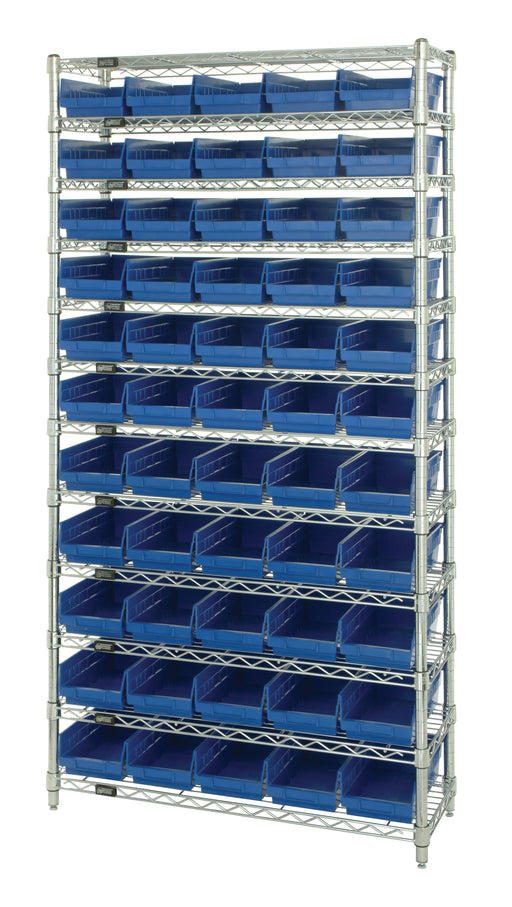 Quantum WR12-106BL, 24"W 36"D 74"H Bin Wire Shelving System, Blue Bins, Chrome Plated Finish