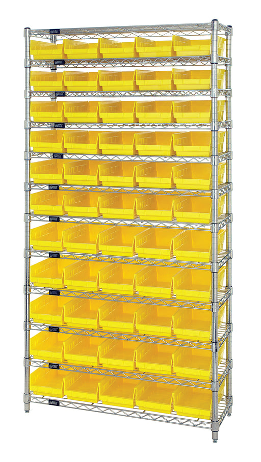Quantum WR12-106YL, 24"W 36"D 74"H Bin Wire Shelving System, Yellow Bins, Chrome Plated Finish