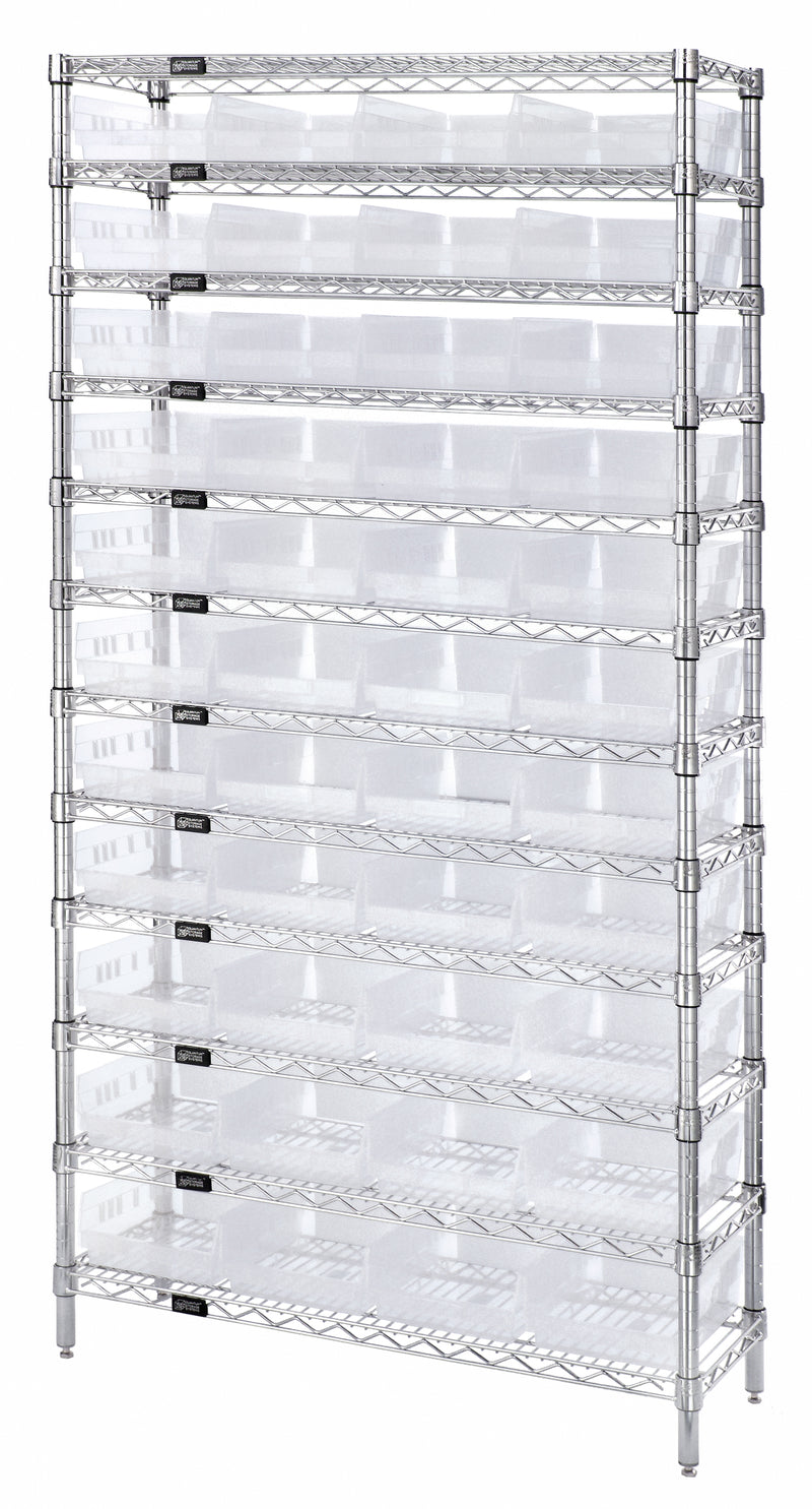 Quantum WR12-107CL, 12"W 36"D 74"H Bin Wire Shelving System, Clear Bins, Chrome Plated Finish