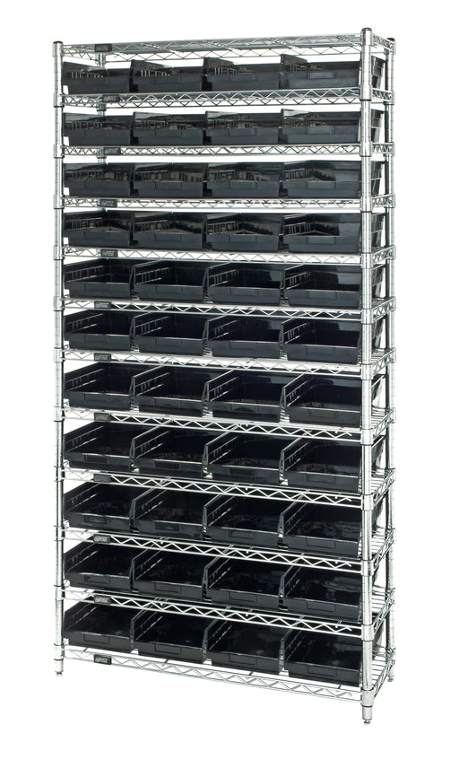 Quantum WR12-107CO, 12"W 36"D 74"H Bin Wire Shelving System, Chrome Bins, Chrome Plated Finish