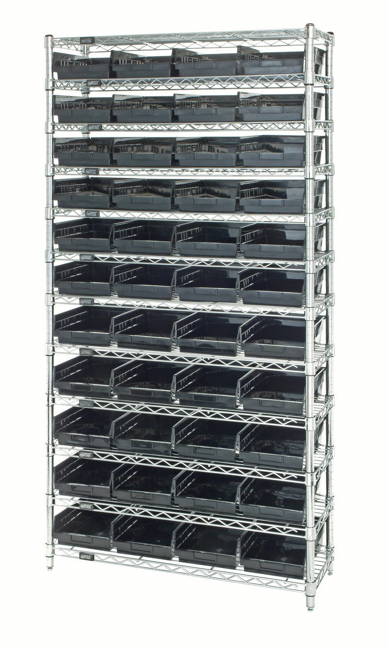 Quantum WR12-107BK, 12"W 36"D 74"H Bin Wire Shelving System, Black Bins, Chrome Plated Finish