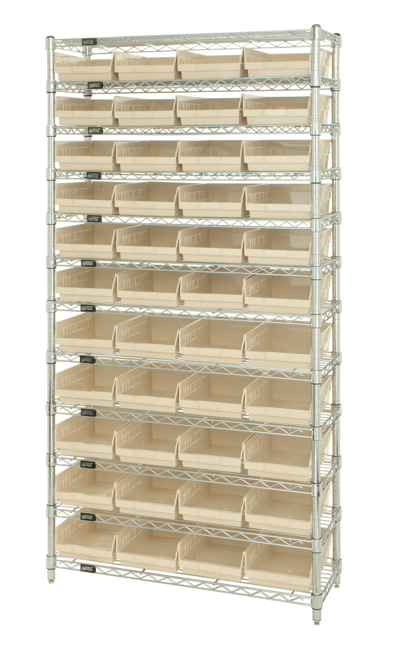 Quantum WR12-107IV, 12"W 36"D 74"H Bin Wire Shelving System, Ivory Bins, Chrome Plated Finish