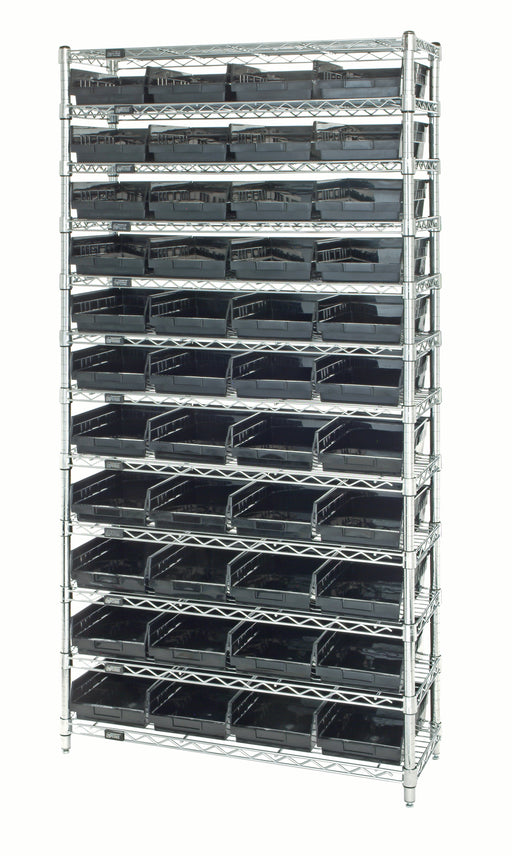 Quantum WR12-108BK, 18"W 36"D 74"H Bin Wire Shelving System, Black Bins, Chrome Plated Finish
