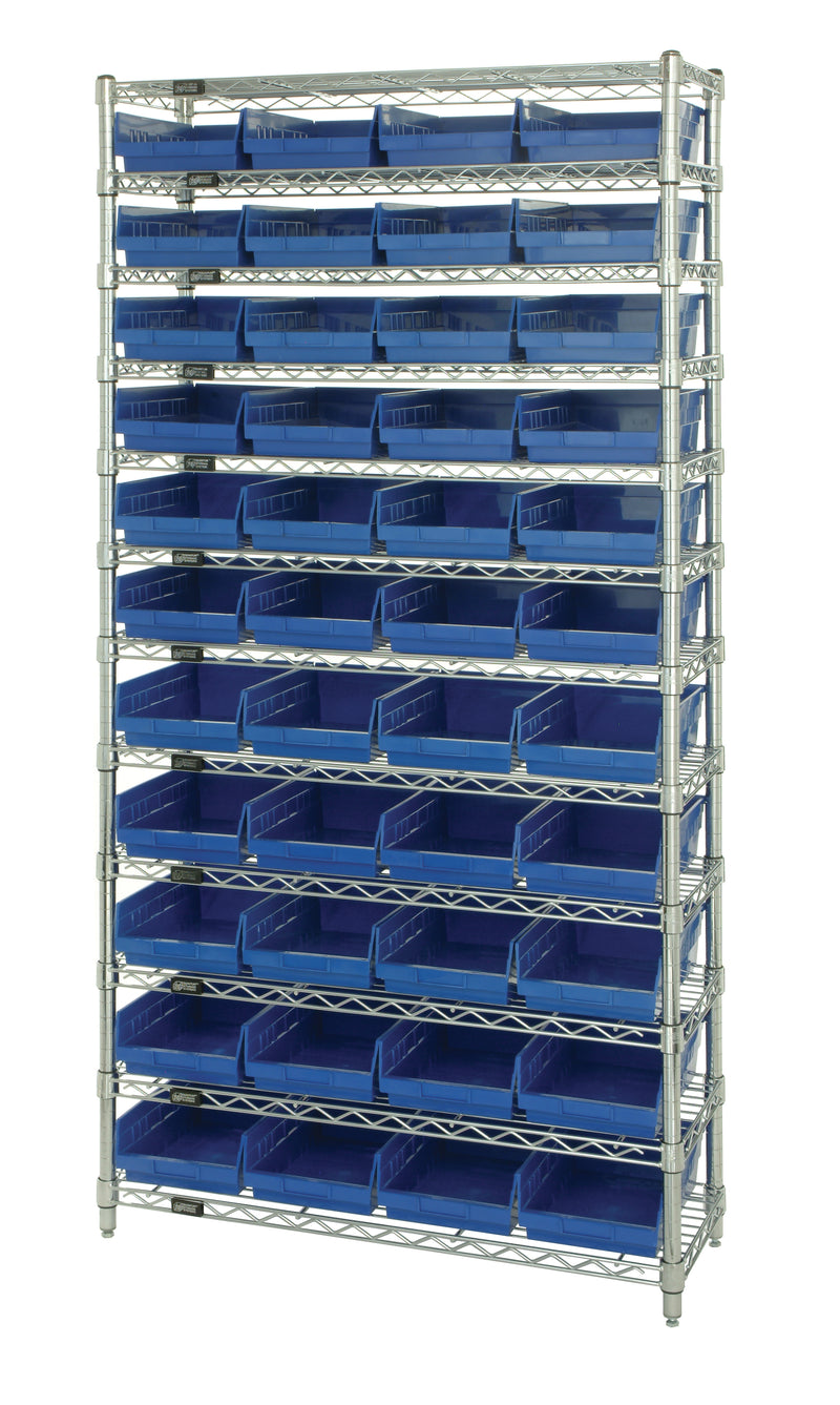 Quantum WR12-108BL, 18"W 36"D 74"H Bin Wire Shelving System, Blue Bins, Chrome Plated Finish