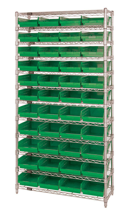 Quantum WR12-108GN, 18"W 36"D 74"H Bin Wire Shelving System, Green Bins, Chrome Plated Finish