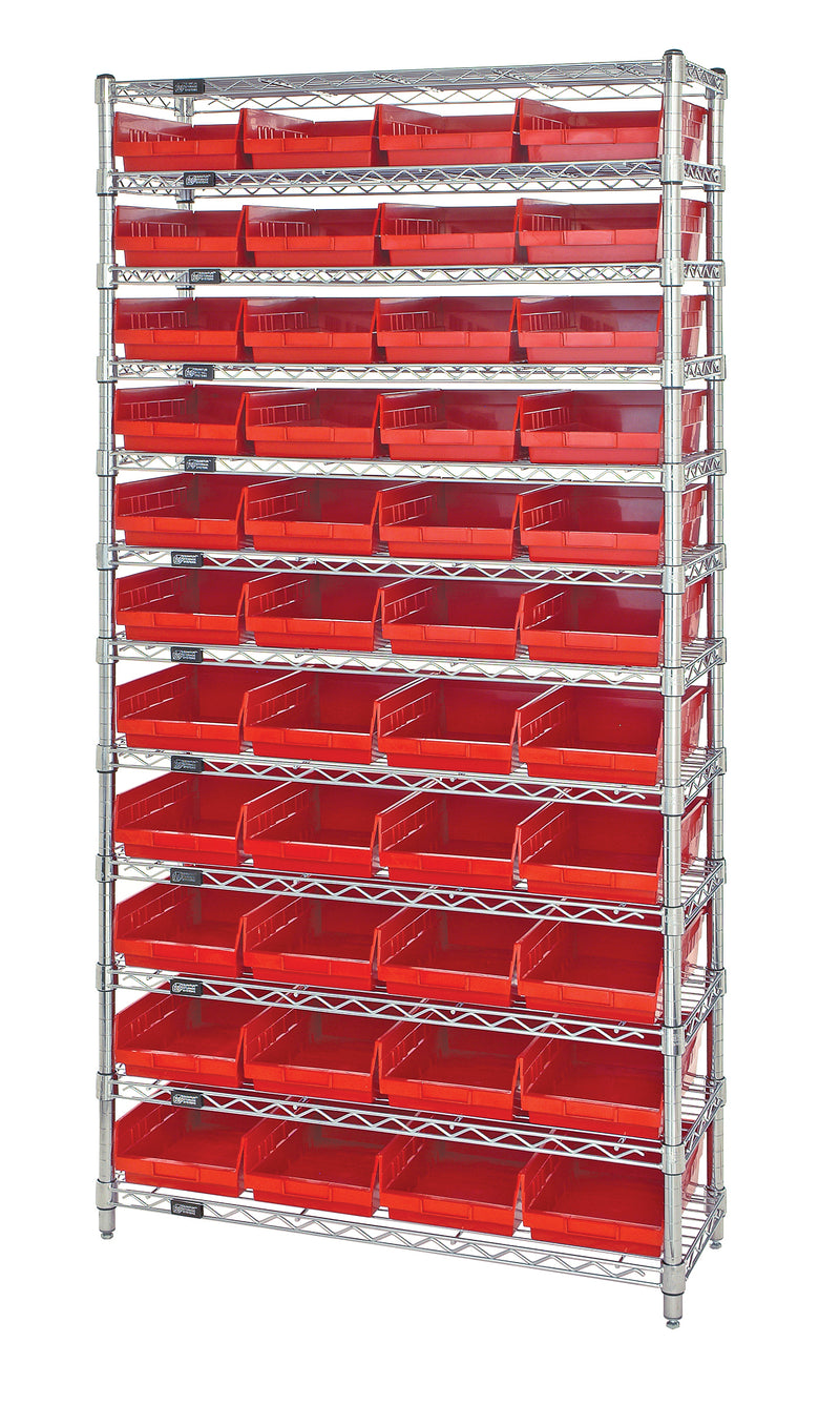 Quantum WR12-108RD, 18"W 36"D 74"H Bin Wire Shelving System, Red Bins, Chrome Plated Finish
