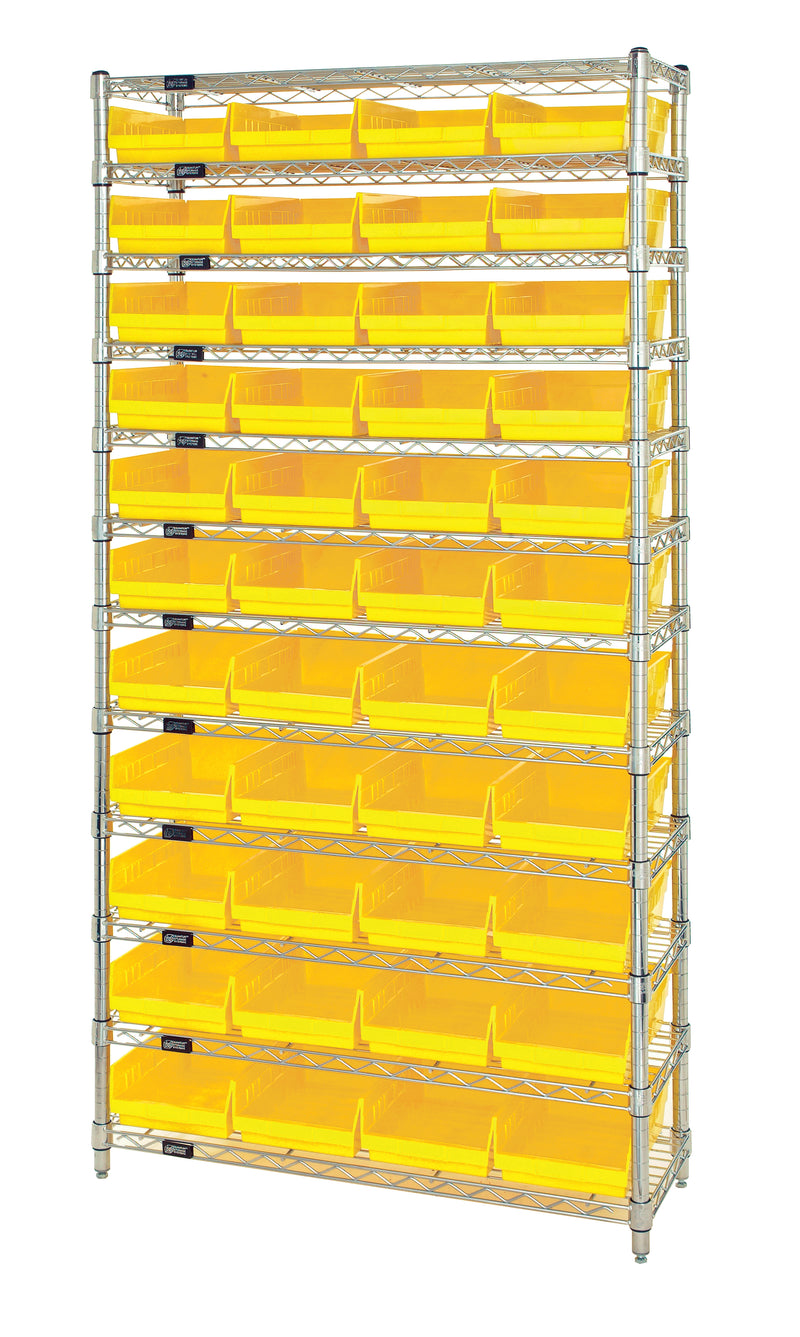 Quantum WR12-108YL, 18"W 36"D 74"H Bin Wire Shelving System, Yellow Bins, Chrome Plated Finish