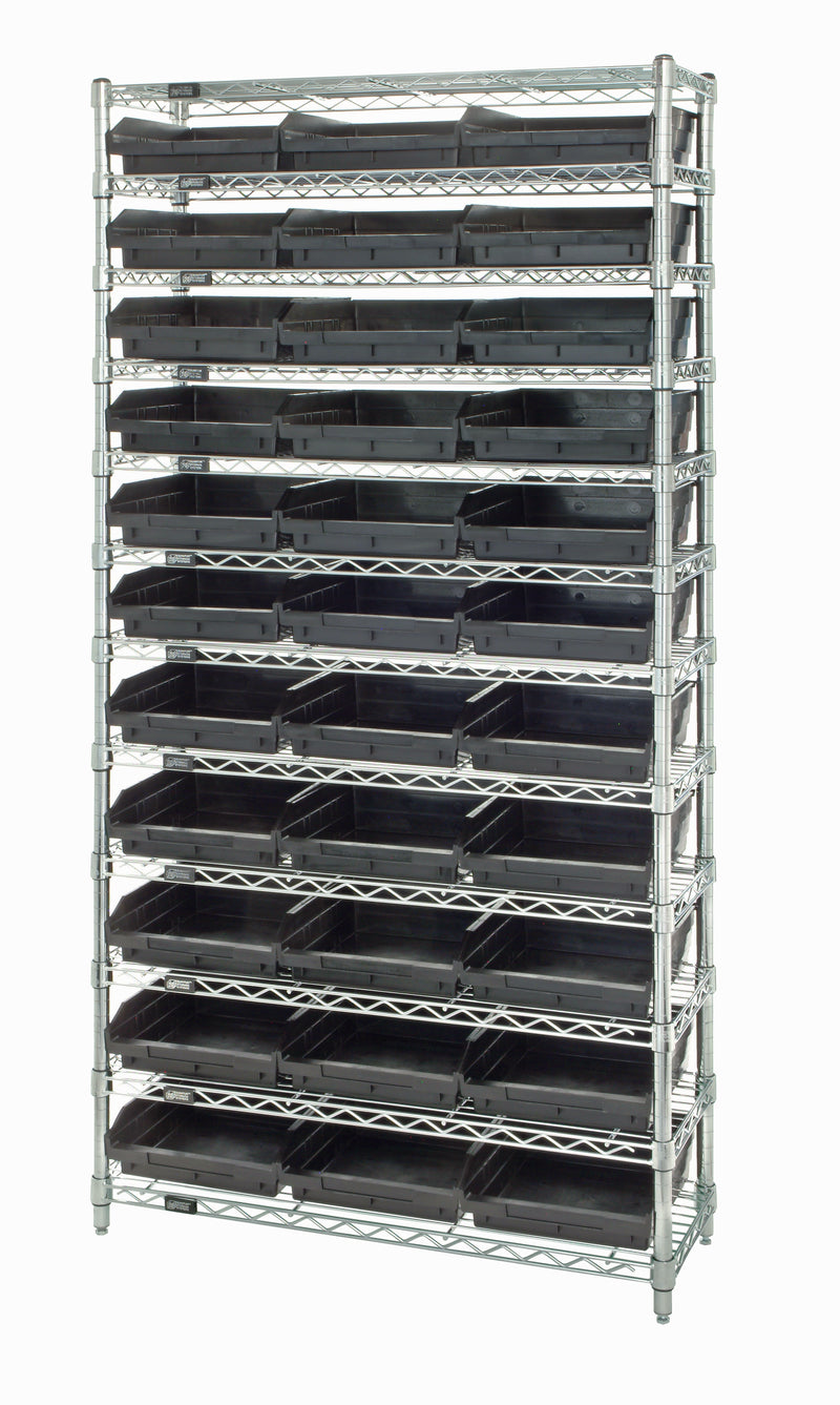 Quantum WR12-109BK, 12"W 36"D 74"H Bin Wire Shelving System, Black Bins, Chrome Plated Finish