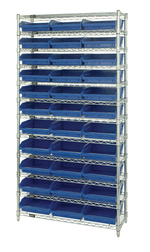 Quantum WR12-109BL, 12"W 36"D 74"H Bin Wire Shelving System, Blue Bins, Chrome Plated Finish