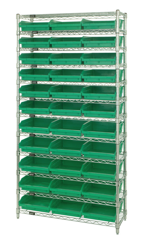 Quantum WR12-109GN, 12"W 36"D 74"H Bin Wire Shelving System, Green Bins, Chrome Plated Finish
