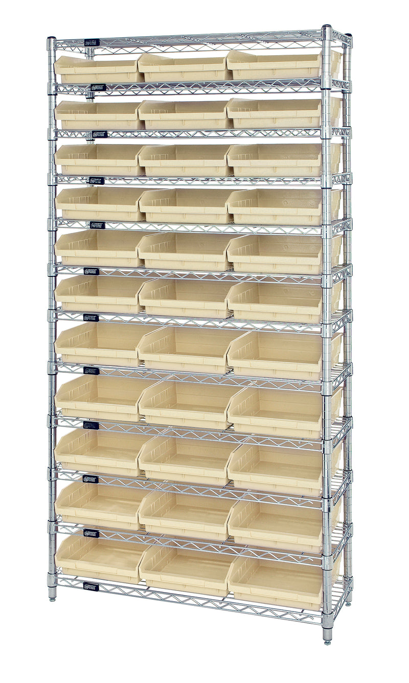 Quantum WR12-109IV, 12"W 36"D 74"H Bin Wire Shelving System, Ivory Bins, Chrome Plated Finish