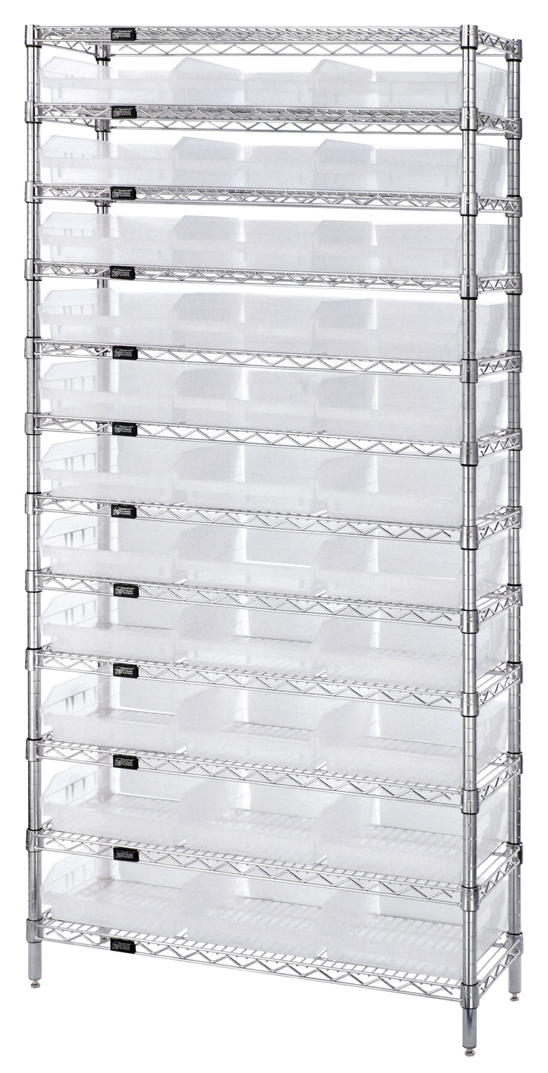 Quantum WR12-110CL, 18"W 36"D 74"H Bin Wire Shelving System, Clear Bins, Chrome Plated Finish