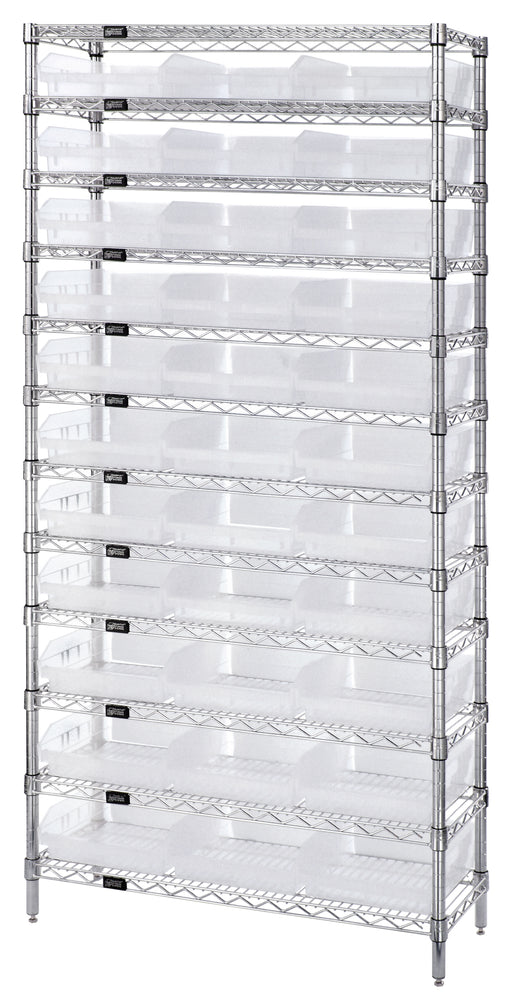 Quantum WR12-110CL, 18"W 36"D 74"H Bin Wire Shelving System, Clear Bins, Chrome Plated Finish