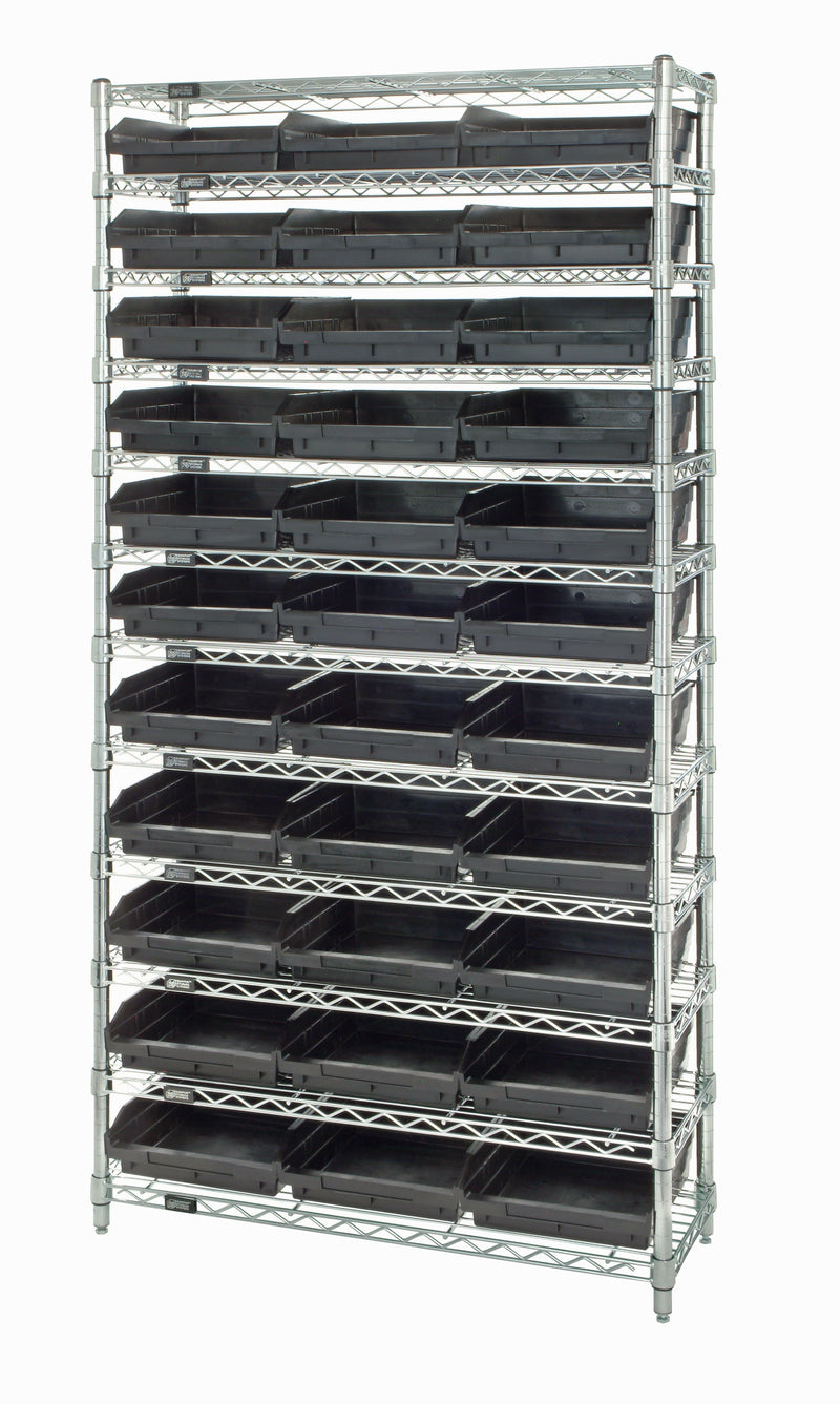 Quantum WR12-110CO, 18"W 36"D 74"H Bin Wire Shelving System, Chrome Bins, Chrome Plated Finish