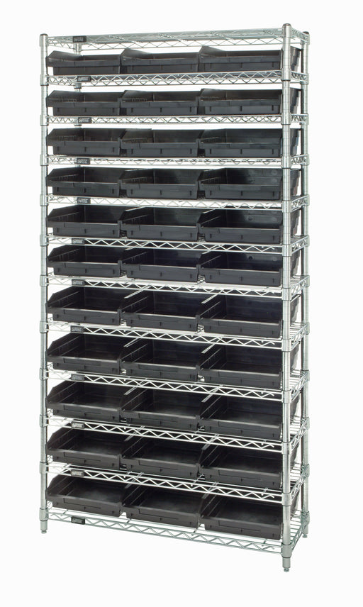 Quantum WR12-110CO, 18"W 36"D 74"H Bin Wire Shelving System, Chrome Bins, Chrome Plated Finish