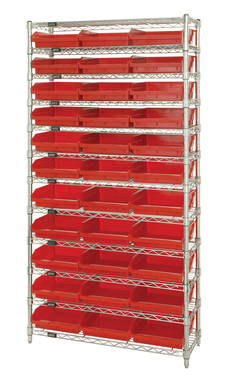 Quantum WR12-110RD, 18"W 36"D 74"H Bin Wire Shelving System, Red Bins, Chrome Plated Finish