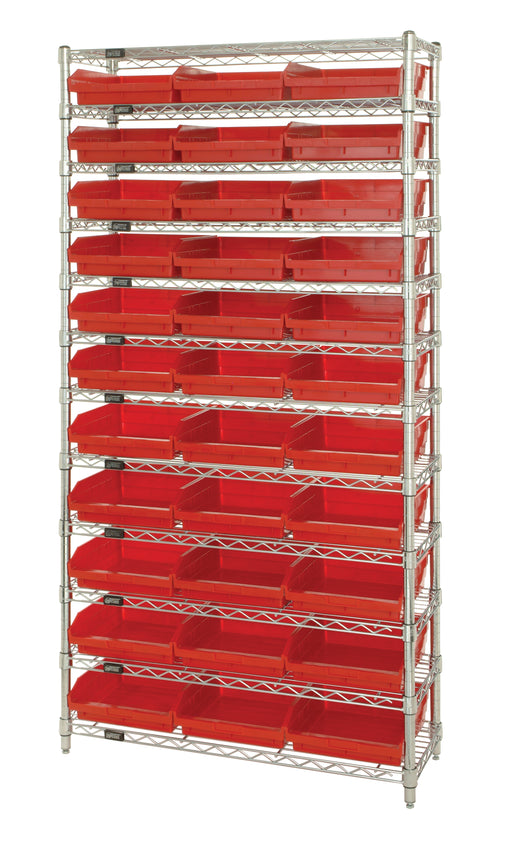 Quantum WR12-110RD, 18"W 36"D 74"H Bin Wire Shelving System, Red Bins, Chrome Plated Finish