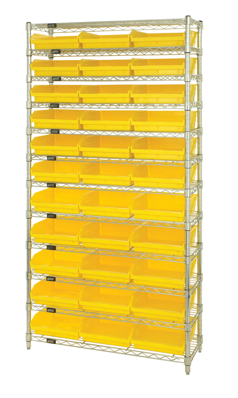 Quantum WR12-110YL, 18"W 36"D 74"H Bin Wire Shelving System, Yellow Bins, Chrome Plated Finish