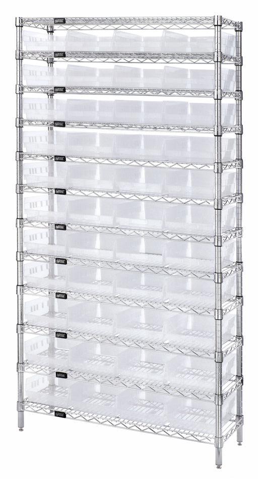 Quantum WR12-114CL, 24"W 36"D 74"H Bin Wire Shelving System, Clear Bins, Chrome Plated Finish