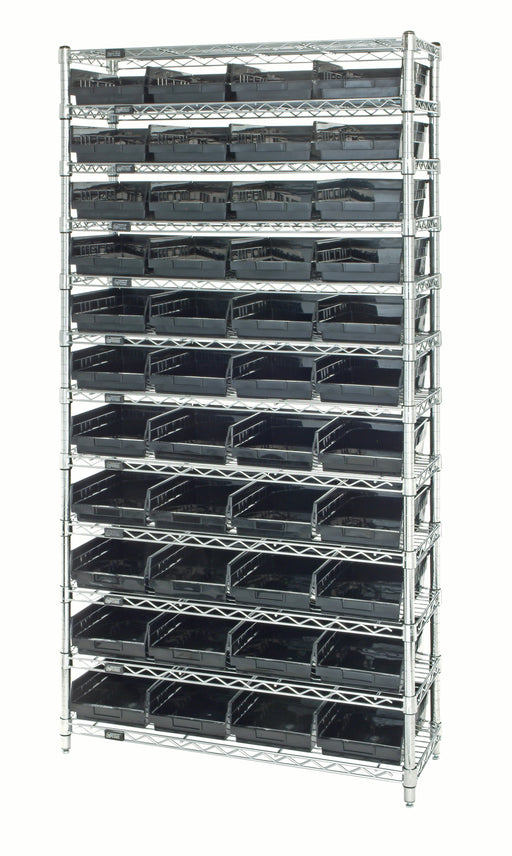 Quantum WR12-114CO, 24"W 36"D 74"H Bin Wire Shelving System, Chrome Bins, Chrome Plated Finish