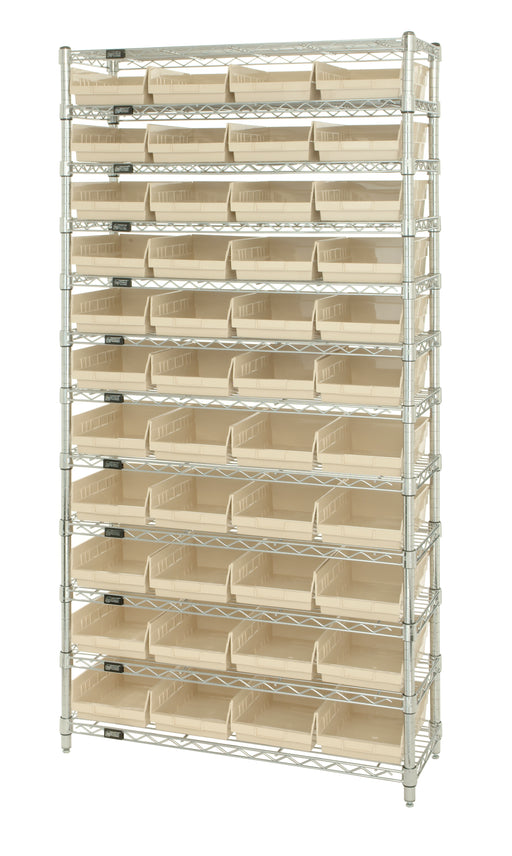 Quantum WR12-114IV, 24"W 36"D 74"H Bin Wire Shelving System, Ivory Bins, Chrome Plated Finish