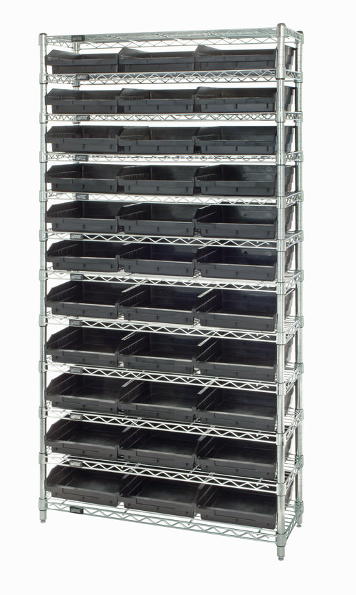 Quantum WR12-116BK, 24"W 36"D 74"H Bin Wire Shelving System, Black Bins, Chrome Plated Finish