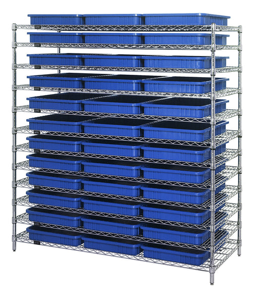Quantum WR12-93030CL, 24"W 60"D 63"H Bin Wire Shelving System, Clear Containers, Chrome Plated Finish