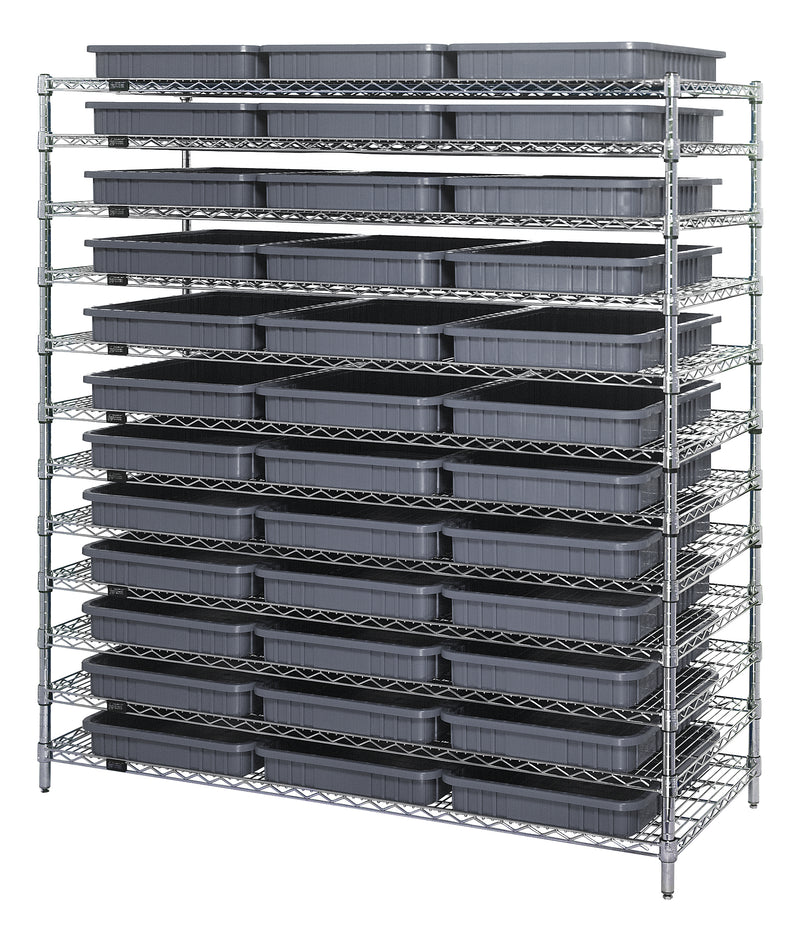 Quantum WR12-93030GY, 24"W 60"D 63"H Bin Wire Shelving System, Chrome Plated Finish
