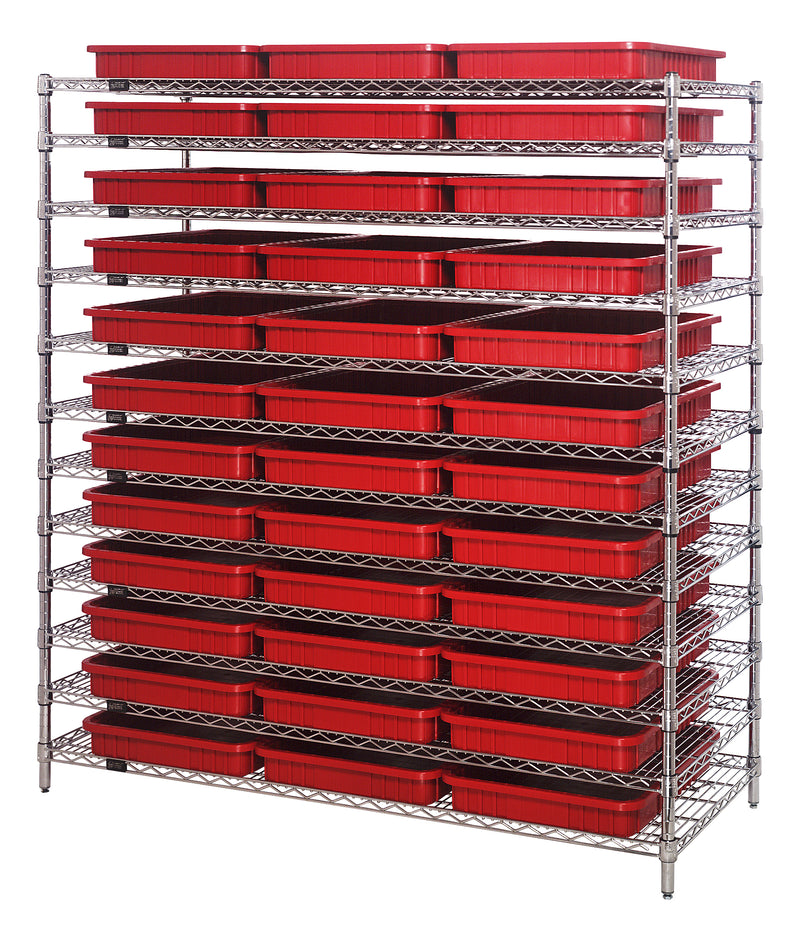 Quantum WR12-93030RD, 24"W 60"D 63"H Bin Wire Shelving System, Red Containers, Chrome Plated Finish