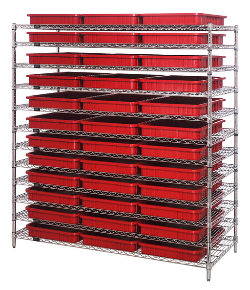 Quantum WR12-93030RD, 24"W 60"D 63"H Bin Wire Shelving System, Red Containers, Chrome Plated Finish