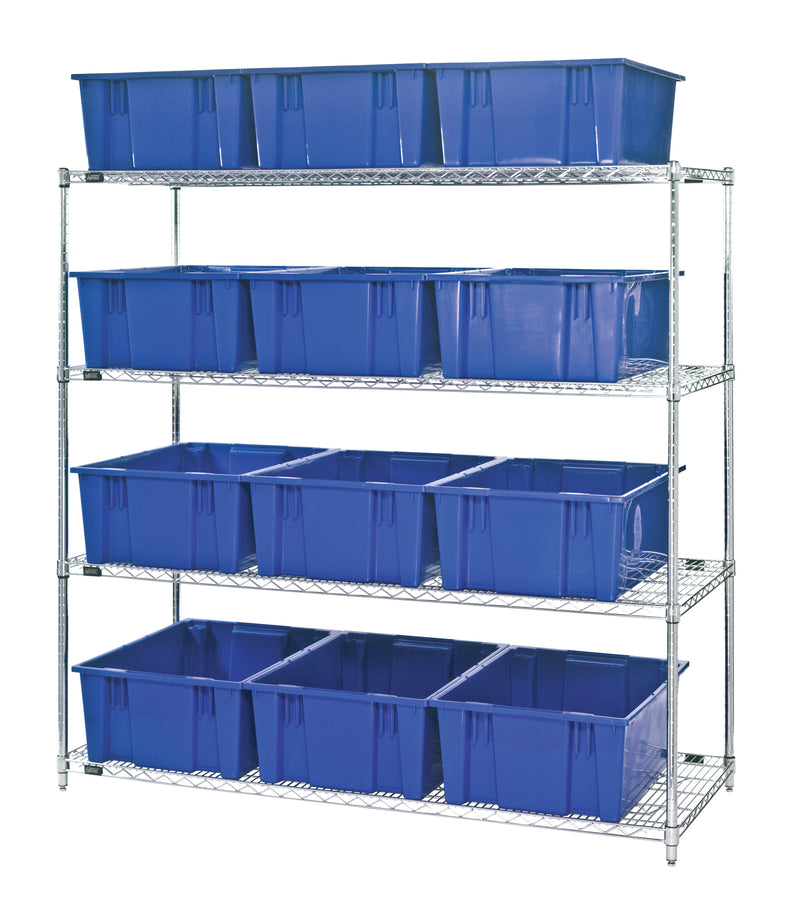 Quantum WR4-12225BL, 24"W 66"D 63"H Bin Wire Shelving System, Blue Containers, Chrome Plated Finish