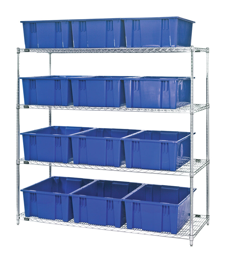 Quantum WR4-12225CL, 24"W 66"D 63"H Bin Wire Shelving System, Clear Containers, Chrome Plated Finish