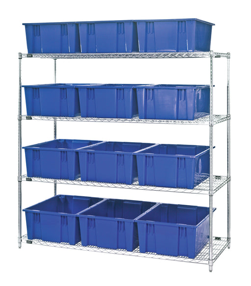 Quantum WR4-12225CL, 24"W 66"D 63"H Bin Wire Shelving System, Clear Containers, Chrome Plated Finish