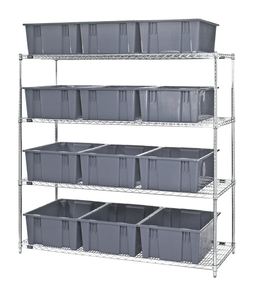 Quantum WR4-12225GY, 24"W 66"D 63"H Bin Wire Shelving System, Chrome Plated Finish
